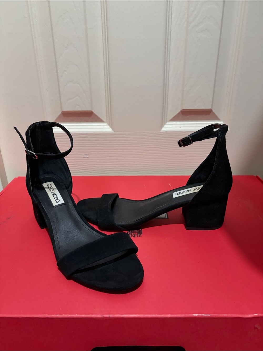 Steve Madden Black Suede Block Heel Ankle-Strap Sandals